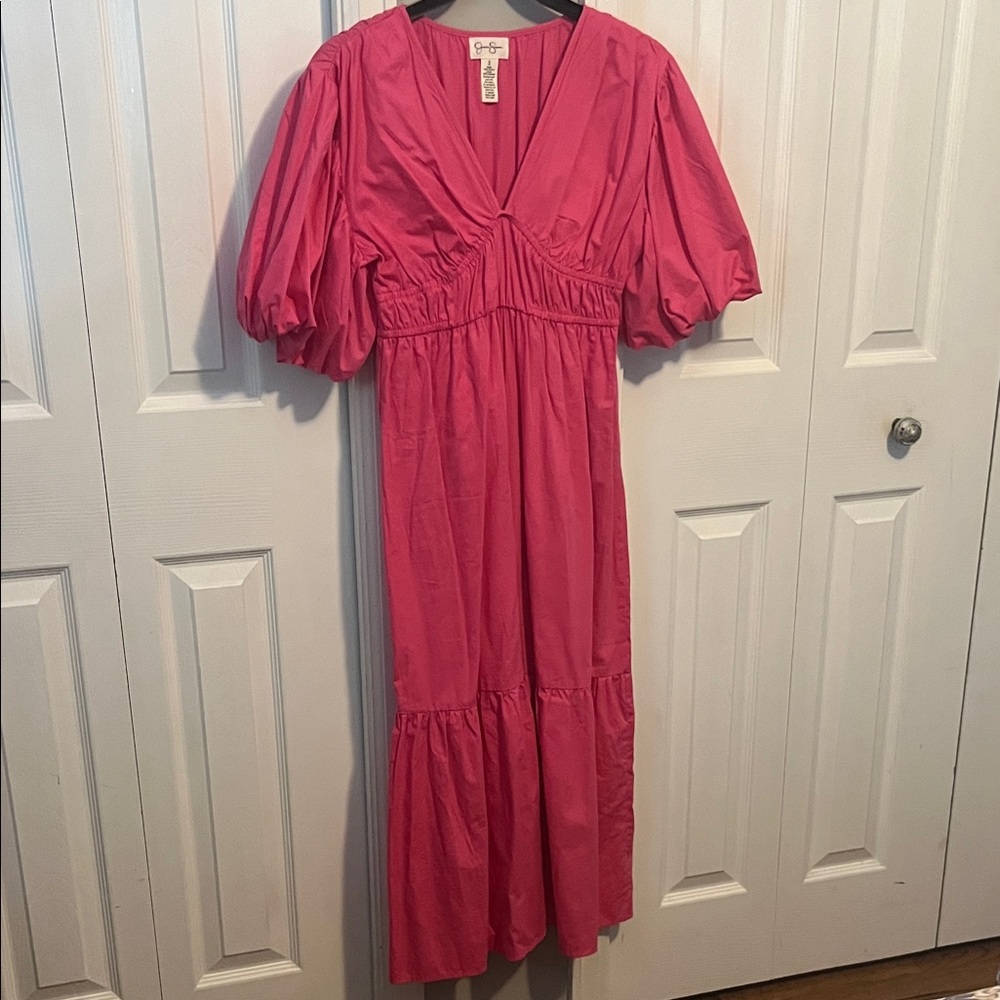 English Factory Fuchsia Midi Dress with Puff Sleeves